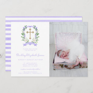 Purple Floral Crest Photo Baptism Invitation
