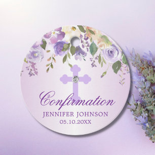 Purple Floral Cross Confirmation Thank You Favour Tags