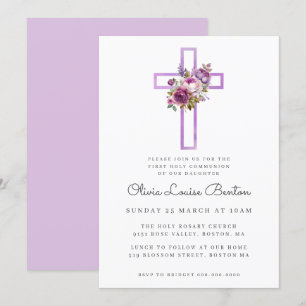 Purple Floral Cross First Communion Invitation