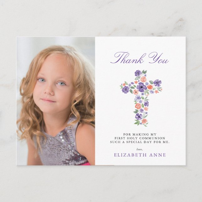 Purple Floral Cross First Holy Communion Thank You Postcard (Front)