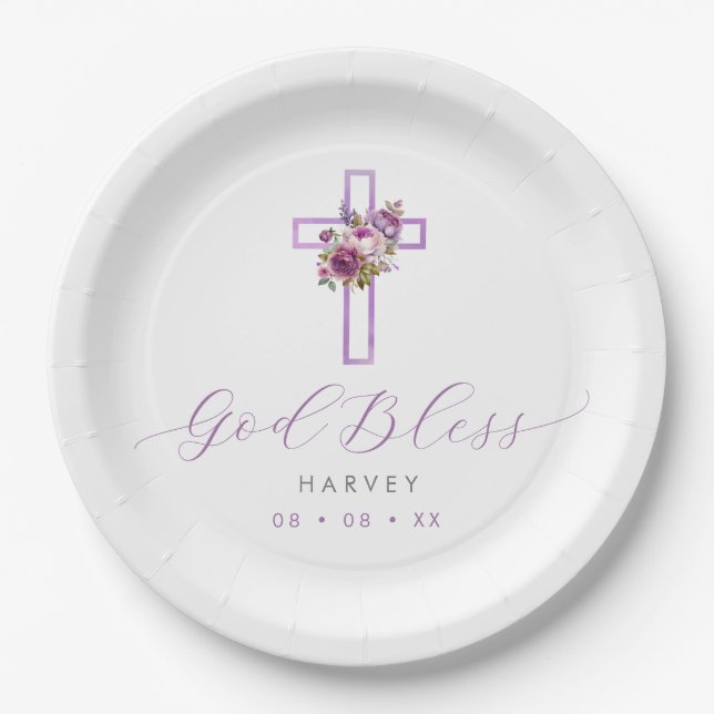 Purple Floral Cross God Bless Baptism Paper Plate (Front)