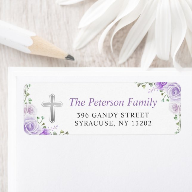 Purple Floral Cross Religieux Adresse de retour (En situation)
