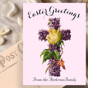 Purple Floral Cross Vintage Easter Religious Postcard
