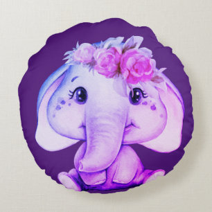 Purple Floral Crown Elephant Round Pillow