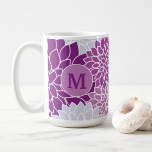 Purple Floral Dahlia Pattern Monogrammed Initial Coffee Mug