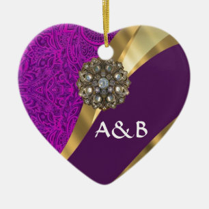 Purple floral damask gold swirl ceramic ornament