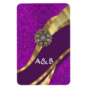 Purple floral damask gold swirl magnet