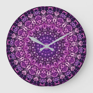 Purple Floral Damask Pattern Large Clock