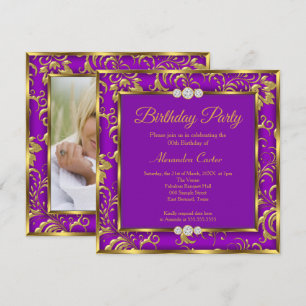 Purple Floral Damask Photo Gold birthday Party Invitation