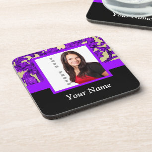 Purple floral damask photo template coaster