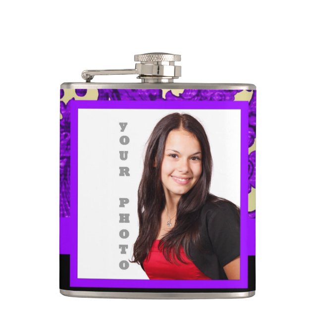 Purple floral damask photo template hip flask (Front)