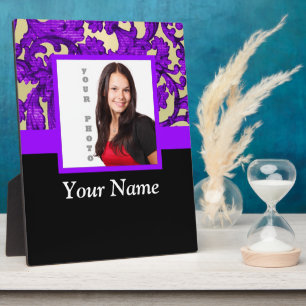 Purple floral damask photo template plaque