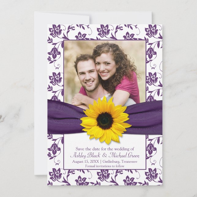 Purple Floral Damask Sunflower Save the Date (Front)