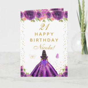 Purple Floral Dark Skin Girl Birthday Card