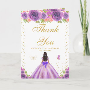 Purple Floral Dark Skin Girl Birthday Thank You Card