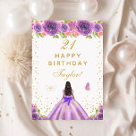 Purple Floral Dark Skin Girl Happy Birthday Card<br><div class="desc">This elegant and glamourous birthday card can be personalized with a name or title such as daughter, granddaughter, niece, friend etc. The design features a beautiful princess with dark hair and dark skin in a purple ball gown. The text combines handwritten script and modern sans serif fonts for a classy...</div>