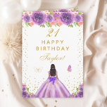 Purple Floral Dark Skin Girl Happy Birthday Card<br><div class="desc">This elegant and glamourous birthday card can be personalized with a name or title such as daughter, granddaughter, niece, friend etc. The design features a beautiful princess with dark hair and dark skin in a purple ball gown. The text combines handwritten script and modern sans serif fonts for a classy...</div>