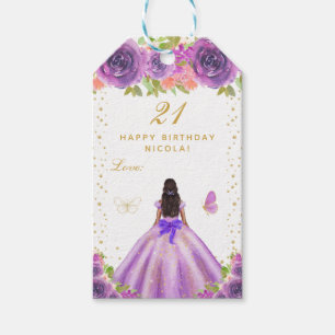Purple Floral Dark Skin Girl Happy Birthday Gift Tags