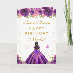 Purple Floral Dark Skin Girl Sweet Sixteen Card