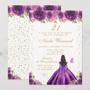 Purple Floral Dark Skin Princess Birthday Party Invitation