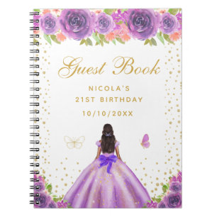 Purple Floral Dark Skin Princess Birthday Party Notebook