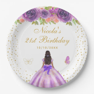 Purple Floral Dark Skin Princess Birthday Party Paper Plate