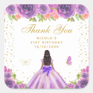 Purple Floral Dark Skin Princess Birthday Party Square Sticker