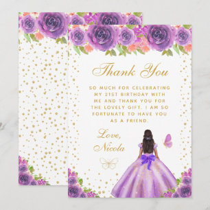 Purple Floral Dark Skin Princess Birthday Party Thank You Card