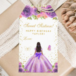 Purple Floral Dark Skin Princess Sweet Sixteen Gift Tags<br><div class="desc">This elegant and glamourous sweet sixteen birthday gift tag can be personalized with a name. The design features a beautiful princess with dark hair and dark skin in a purple ball gown. The text combines handwritten script and modern sans serif fonts for a classy and sophisticated look. The floral arrangements,...</div>
