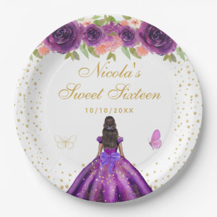 Purple Floral Dark Skin Princess Sweet Sixteen Paper Plate
