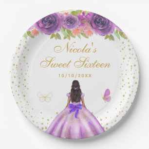 Purple Floral Dark Skin Princess Sweet Sixteen Paper Plate