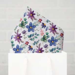 Purple Floral Decoupage Tissue Paper, Blue Flowers Paper