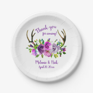 Purple floral deer antlers bridal shower decor paper plate