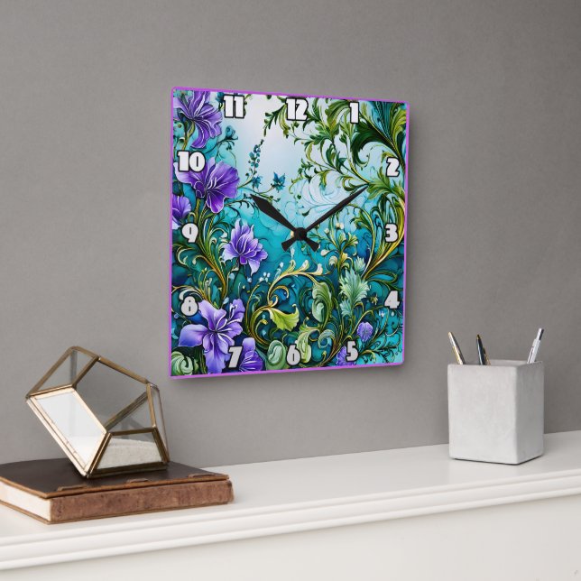 Purple Floral Design With Greenery Square Wall Clock (Office)