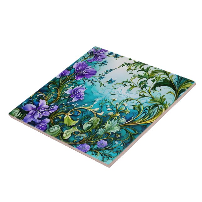 Purple Floral Design With Greenery Tile (Side)