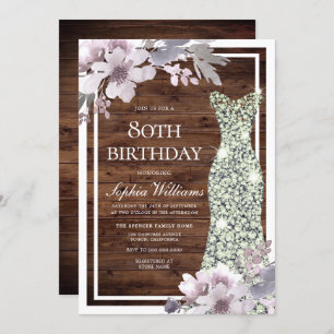 Purple Floral Diamond Dress Rustic 80th Birthday Invitation