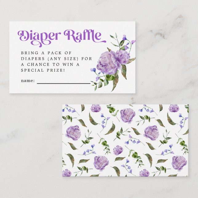 Purple Floral Diaper Raffle Ticket  Enclosure Card (Front/Back)