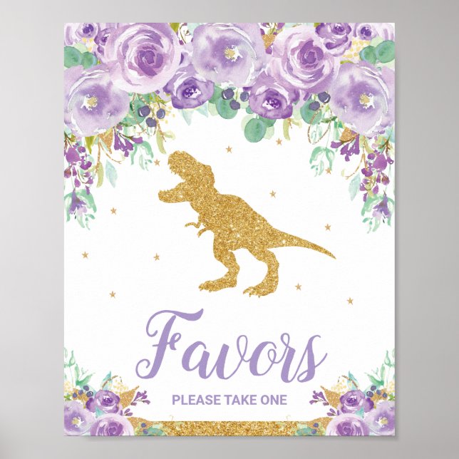 Purple Floral Dinosaur Birthday Party Girl Favors Poster (Front)