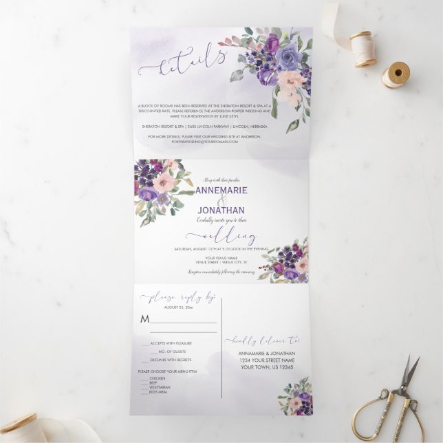 Purple Floral *DIY* Colour Change Script Tri-Fold Invitation (Inside)