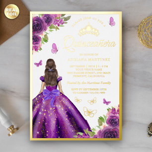 Purple Floral Dress Butterfly Quinceanera Gold