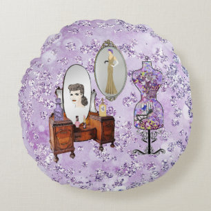 Purple Floral Dress Form & Dresser Bokeh Bling Round Pillow