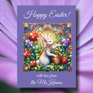 Purple Floral Easter Rabbit Stained Glass  Holiday Card