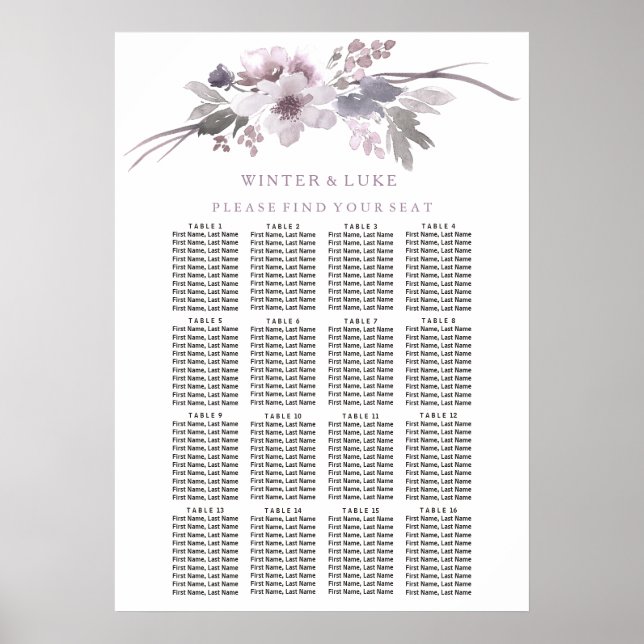 Purple Floral Elegant 16 Table Seating Chart (Front)