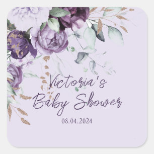 Purple Floral Elegant Customized Baby Shower Square Sticker