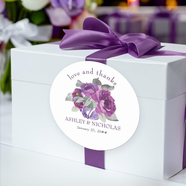 Purple Floral Elegant Love and Thanks Wedding Classic Round Sticker (Purple floral thank you stickers from my Plush Purple Wedding Collection )