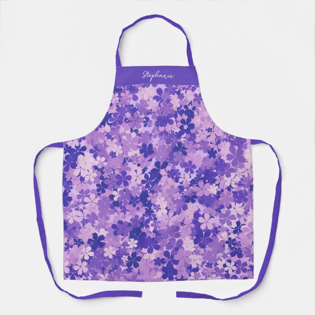 Purple Floral Elegant Violet Blossom Pattern Apron (Front)