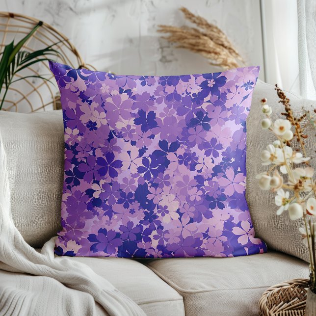 Purple Floral Elegant Violet Blossom Pattern Throw Pillow (Beautifully layered design of violet, lavender, and plum blossoms. )