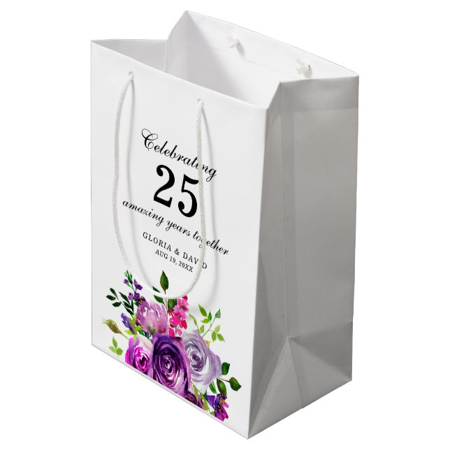 Purple Floral Elegant  Wedding  Medium Gift Bag (Back Angled)