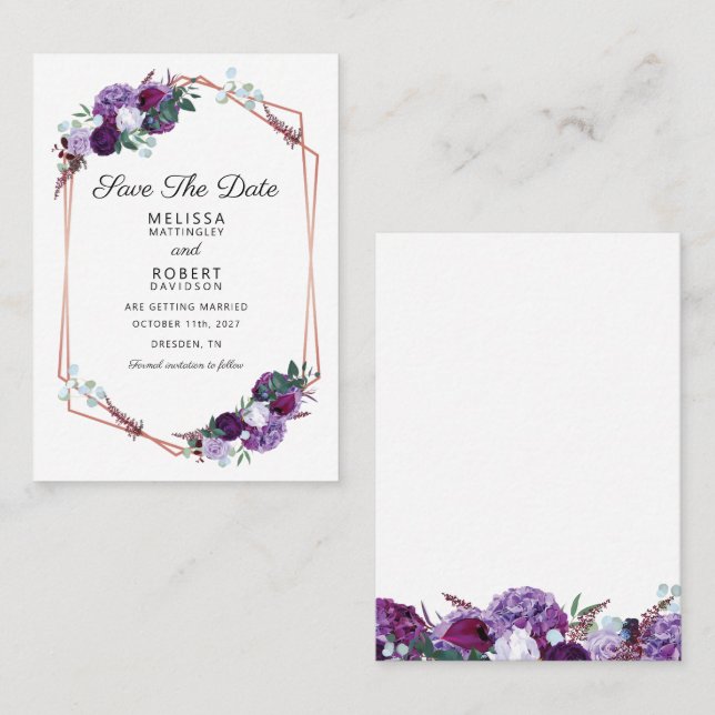 Purple Floral Elegant Wedding Save the Date Business Card (Front/Back)