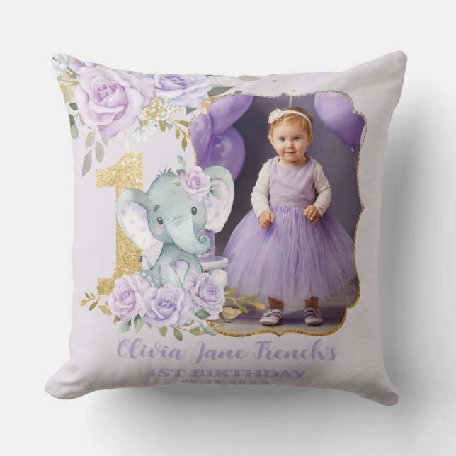 Purple Floral Elephant 1st Birthday Photo Keepsake Throw Pillow (Front)